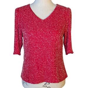 Vintage 1980s Red Beaded Silk Top Sequin Party Blouse V Neck Evening